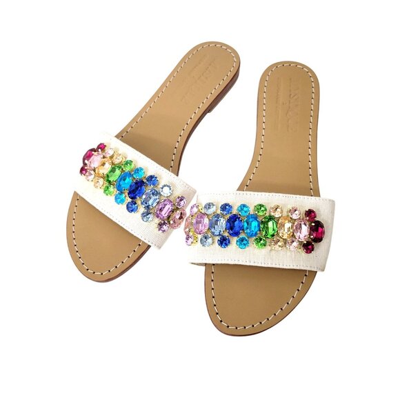 Mystique Shoes - Mystique Bejeweled White Sandals With Rainbow Crystal Embellishments - Slip-On